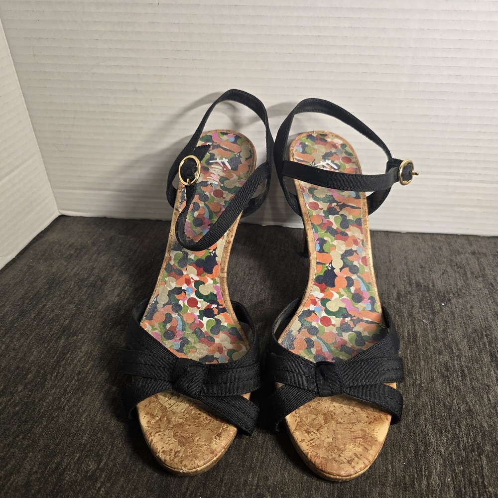 Fioni Womens Heels Size 11 Black Ankle Strap Open Toe Floral Insole Pumps